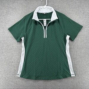 T by Talbots 1/4 Zip Short Sleeve Polo Shirt Women Large Green Whit NEW